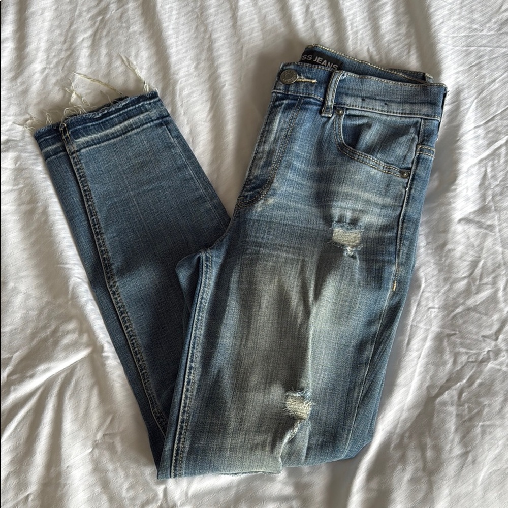 Express Women's Destroyed Faded Blue Skinny Jeans